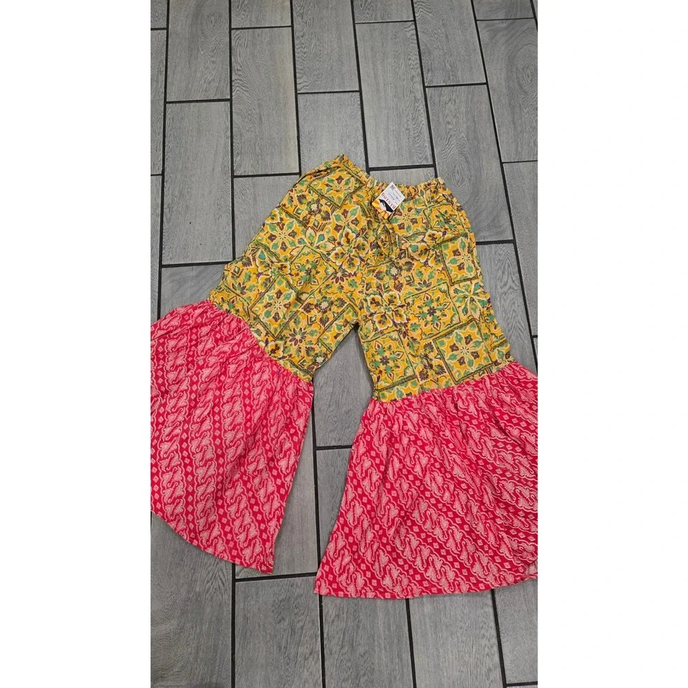 Rising International Boho Cotton Bell Bottom Pants Pink Yellow Batik Print XL